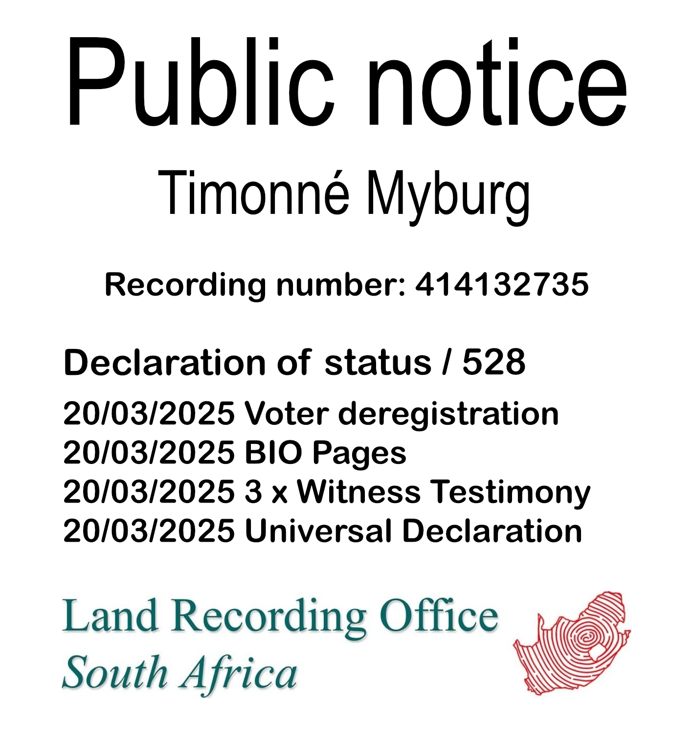Public Notice Timonné Myburg (c) Recording number 414132735